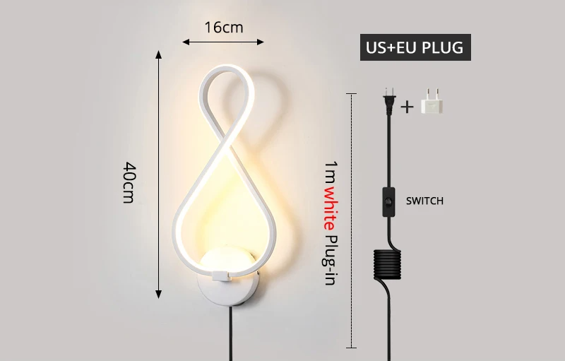 Modern artistic wall lamp with LED lights, US and EU plug options, 40cm height, 16cm width, and 1m white plug-in cord with switch.