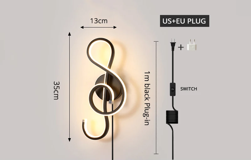 Modern artistic wall lamp with LED lighting, black plug-in cord, switch, and dual plug options for US and EU, stylish design.