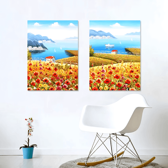 Seaside Floral Landscape Canvas Set displaying colorful flowers and a serene coastal view, enhancing home decor.