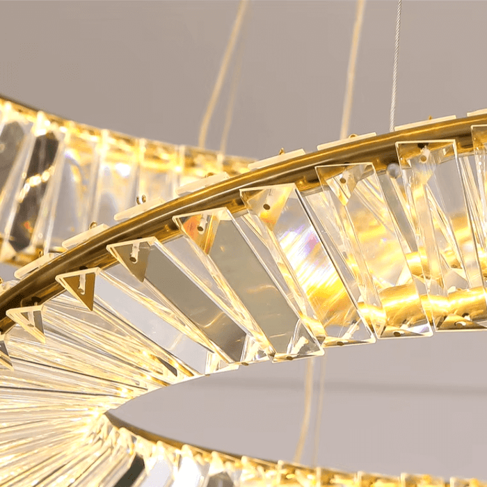 Close-up of Circular LED Crystal Chandelier showcasing postmodern luxury design and high-quality crystals.