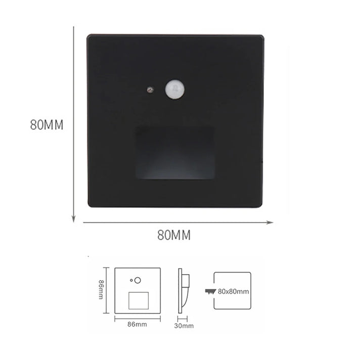 Black 1.5W LED Stair Light with PIR Motion Sensor, 80x80mm dimensions, energy-efficient lighting with automatic detection.