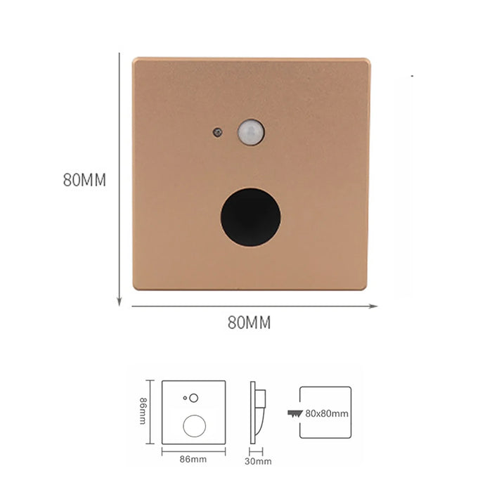 Square gold 1.5W LED stair light with PIR motion sensor, 80mm dimensions, featuring automatic and energy-efficient lighting.