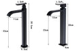 Tall wall-mount cold water basin faucet with dimensions and sleek, minimalist design in black stainless steel.