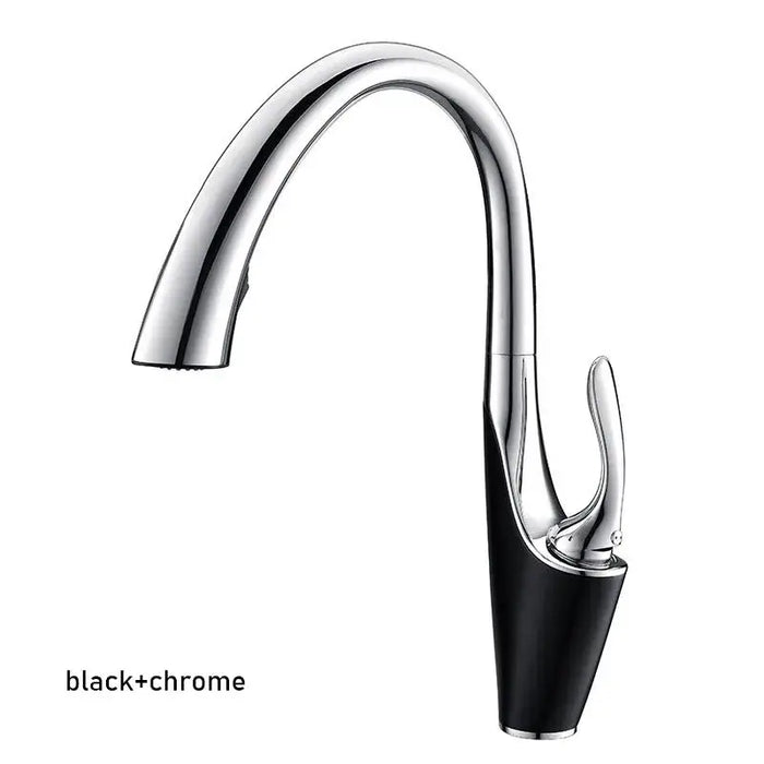 Sleek pull-out sink faucet in black and chrome finish with single-handle mixer for precise temperature control.