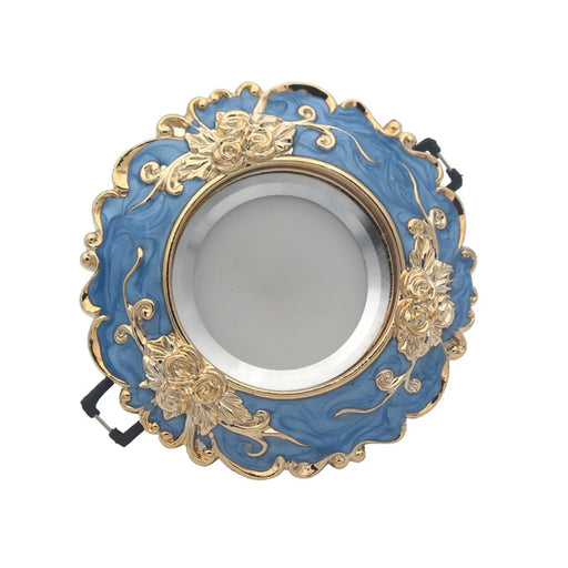 Art Deco blue-gold LED downlight with intricate floral design, suitable for various voltage systems, CCC, CE, EMC certified.