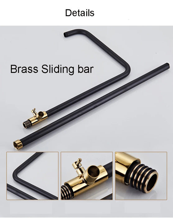 Brass sliding bar with black finish and gold accents for shower system, featuring durable construction and sleek design.