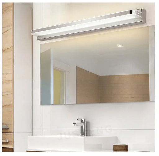 Stainless steel mirror light with a sleek design, mounted above a bathroom mirror, enhancing modern decor and efficient lighting.