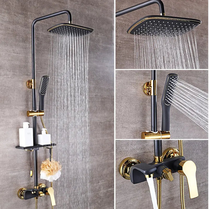 Chrome-plated black shower system with adjustable rainfall shower head and high-quality brass fittings.