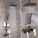 Chrome-plated black shower system with adjustable rainfall shower head and high-quality brass fittings.