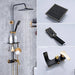 Black chrome shower system with square rainfall head, handheld sprayer, and modern brass mixer, for a spa-like bathroom experience.