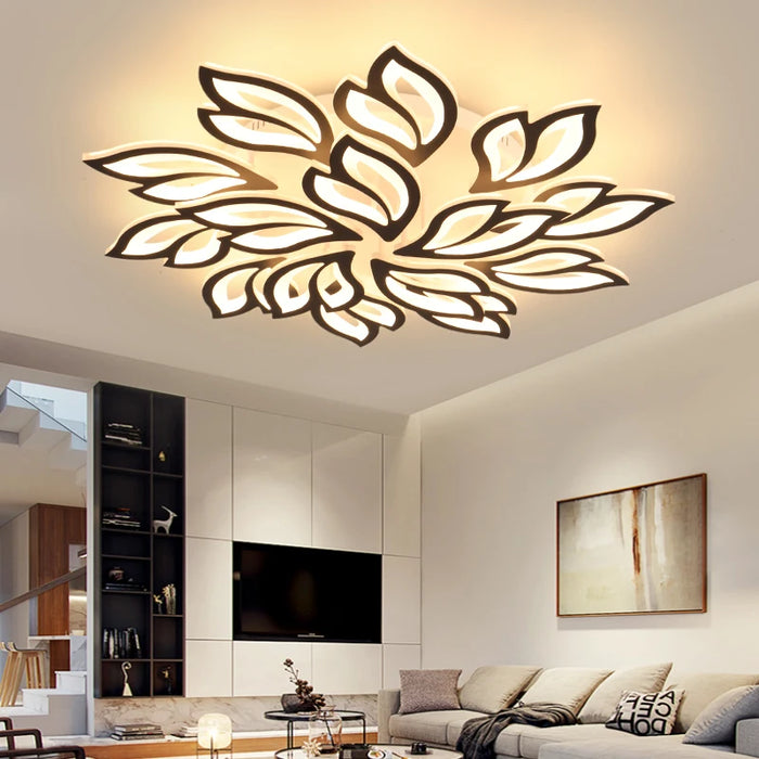 Modern flower petals ceiling light in a stylish living room setting.