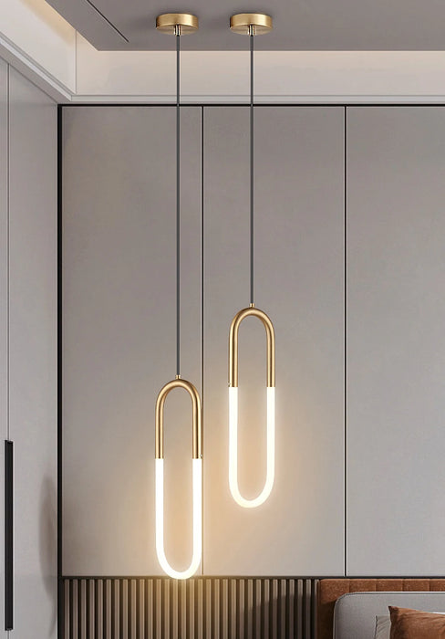 Modern minimalist U-shaped bar chandelier with polished chrome finish and white LED light, ideal for parlor or master bedroom.