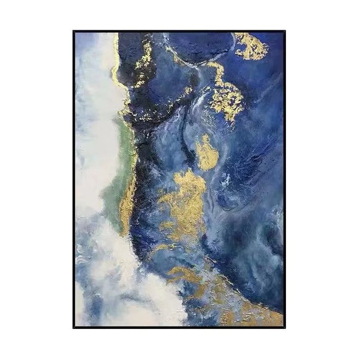 Abstract Blue Ocean Oil Painting on Linen Canvas with Gold Accents, Vertical Rectangle, Modern Art for Home Décor