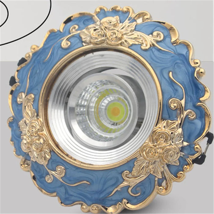 Art Deco blue-gold LED downlight with ornate floral design, CCC and CE certified, suitable for 90-260V electrical systems.