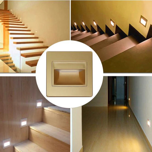 Recessed LED stair and walkway lights in various settings, highlighting efficient, versatile design and dual color options.