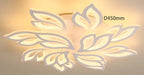 Modern flower petals ceiling light with iron, hardware, and acrylic finish, 450mm diameter, emits soft luminous glow.