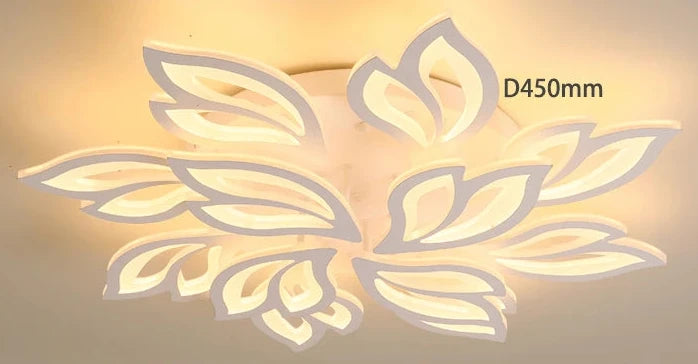 Modern flower petals ceiling light with iron, hardware, and acrylic finish, 450mm diameter, emits soft luminous glow.