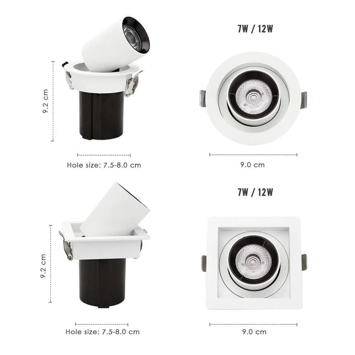 Adjustable LED COB downlight with rotatable spotlight design in round and square styles, available in 7W and 12W options.