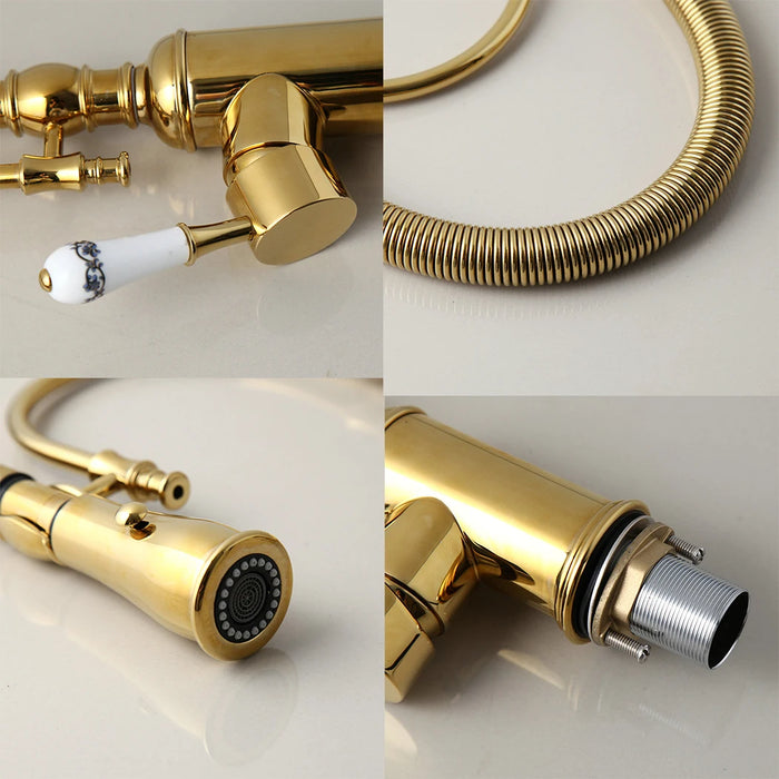 Gold-Plated Swivel Faucet with Pull-Down Spray - HomeComfort365