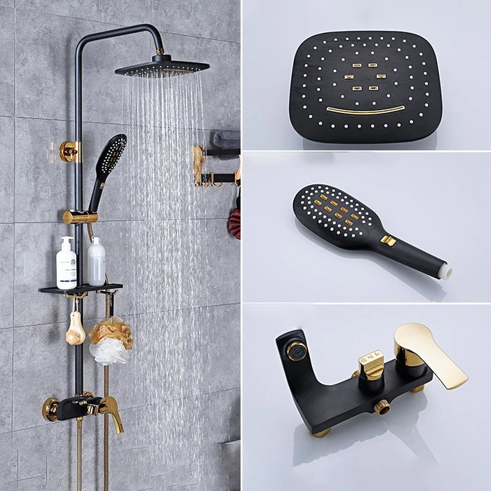 Black chrome shower system with adjustable rainfall shower head, highlighting its luxurious design and high-quality brass fixtures.