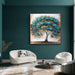 Elegant living room featuring a vibrant Tree of Life oil painting on a dark green wall, creating a tranquil and artistic atmosphere.