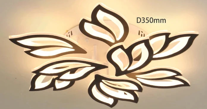 Modern flower petals ceiling light with iron body and acrylic finish, shown lit up, diameter 350mm.