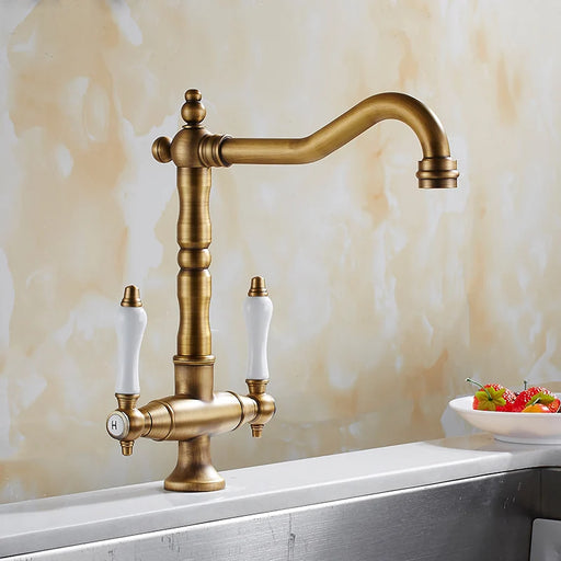 Antique bronze dual handle kitchen faucet mixer with brass construction and precise hot/cold water control.