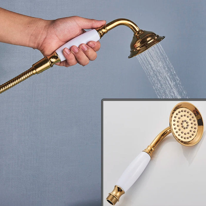 Gold handheld shower head with white ceramic handle, adjustable water spray, elegant design for luxurious bathroom aesthetics.