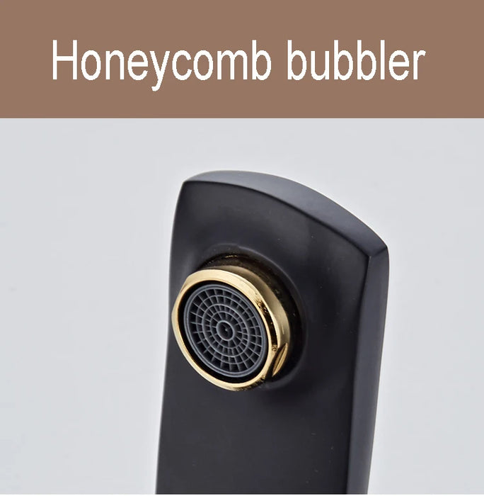 Close-up of a honeycomb bubbler on a black faucet for efficient water flow.