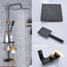 Black chrome-plated shower system with adjustable square rainfall shower head, handheld shower, and brass mixer.