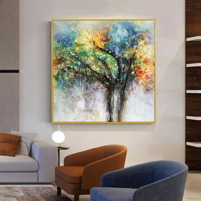 Colorful abstract oil painting of a tree with vibrant brushstrokes, titled "Tree of Madness," displayed in a modern living room.