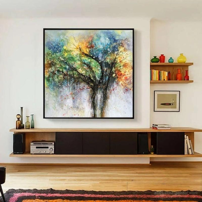 Abstract oil painting "Tree of Madness" with colorful brushstrokes, displayed in modern living room setting.