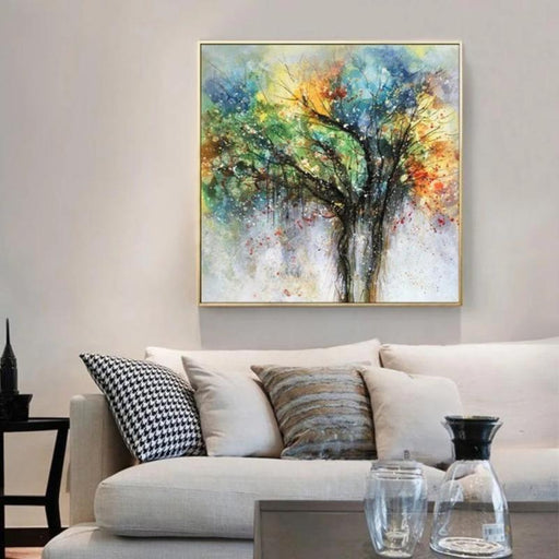 Abstract oil painting titled "Tree of Madness" with vibrant colors and bold brushstrokes, displayed in a modern living room.