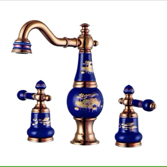 Rose Gold Brass Basin Faucet Set with Blue Accents and Dual Handles