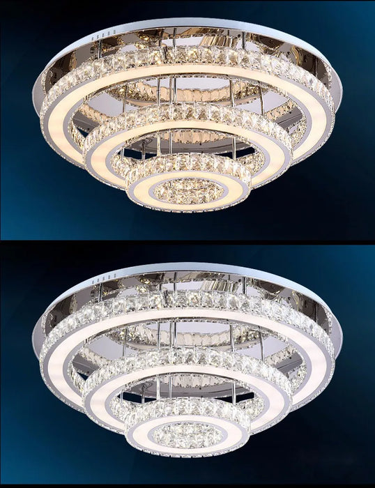 Luxury modern crystal LED chandelier with elegant round ceiling design and shimmering accents.