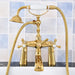 Luxury gold dual-control bathtub faucet with swivel tub spout and hand shower against tile background.