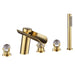 Classic brass waterfall bathtub faucet with crystal handles showcasing wide spout and sleek design.