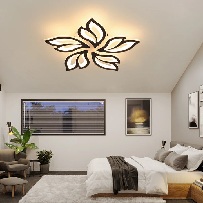 Modern flower petals ceiling light in a stylish bedroom setting, featuring a contemporary iron and acrylic design.