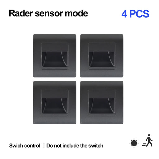 Four black recessed LED wall lamps with radar sensor mode, energy-efficient motion sensing, ideal for low-light environments.