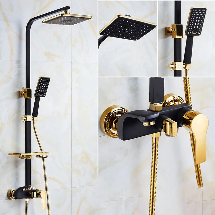 Chrome-plated shower system with adjustable square rainfall shower head and handheld spray, featuring elegant black finish and brass components.