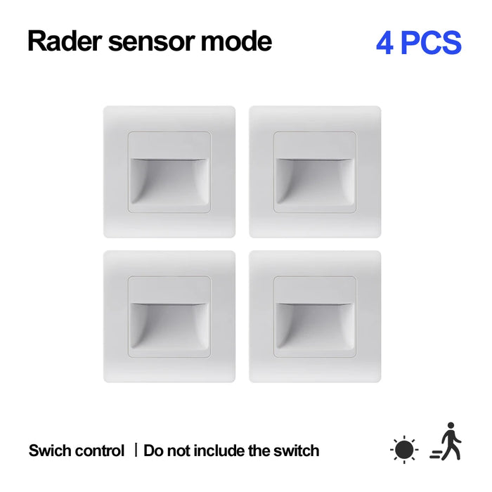 Four recessed LED wall lights with motion sensor, radar mode, and switch control for efficient, automatic illumination.