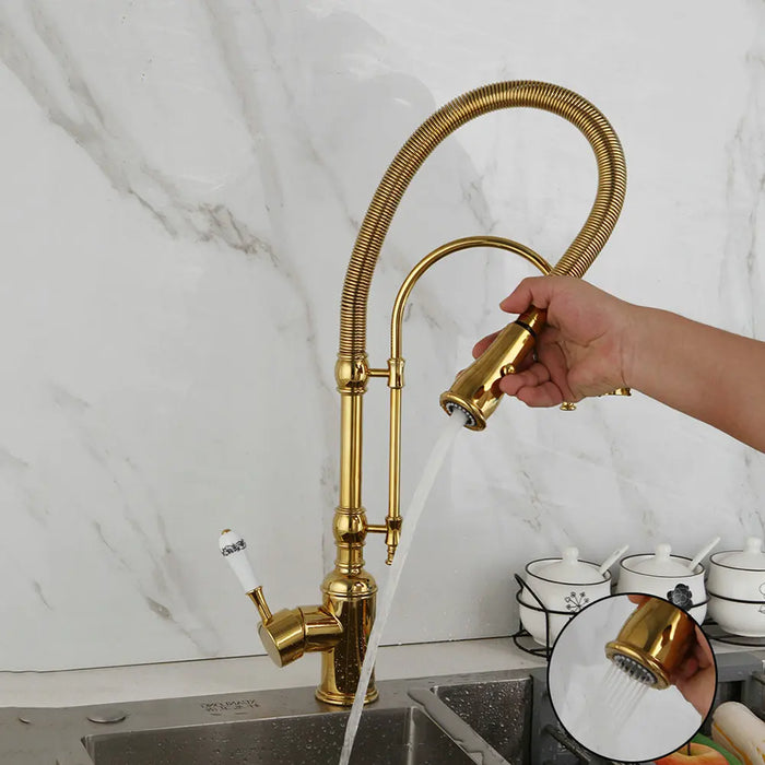 Gold-Plated Swivel Faucet with Pull-Down Spray - HomeComfort365