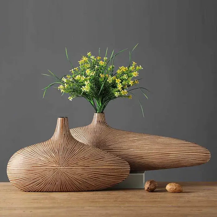 Modern stripe resin wood vases with yellow flowers, showcasing intricate line patterns on a wooden tabletop.