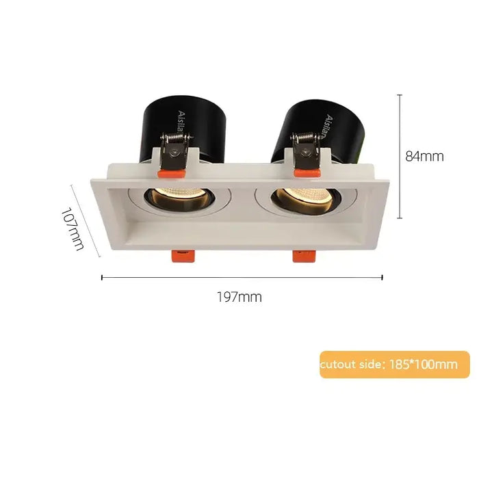 Narrow border LED recessed downlight with dual square spotlights, 185x100mm cutout, perfect for modern interiors and commercial spaces.