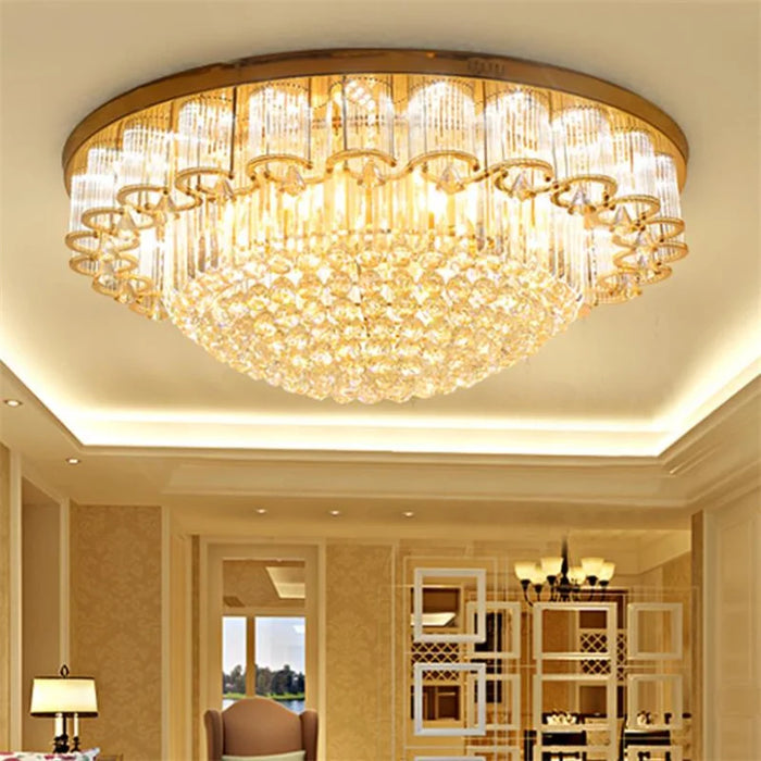 Luxury round crystal chandelier with plated finish, CCC, CE, CQC, RoHS certified, adds elegant ambiance to room decor.