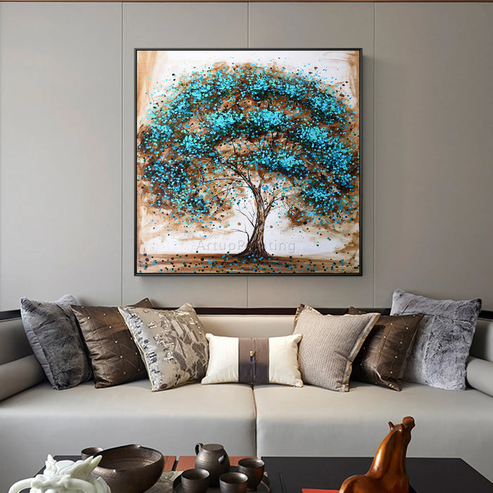 Hand-painted Tree of Life oil painting on premium canvas displayed in a modern living room setting.