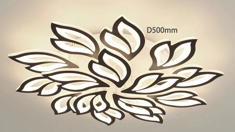 Modern flower petals ceiling light with LED illumination, sleek iron design, and D500mm dimension.