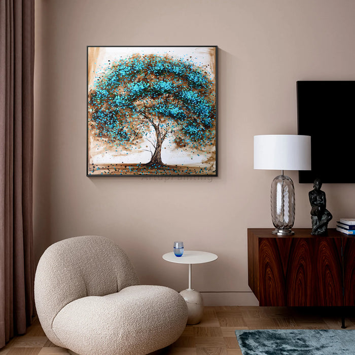 Elegant Tree of Life oil painting in a modern living room setting, featuring vibrant colors and intricate details on canvas.