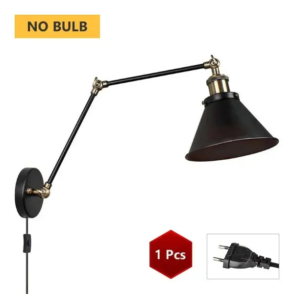 Vintage industrial wall lamp with adjustable arm, black finish, classic design, no bulb included, plug-in style.