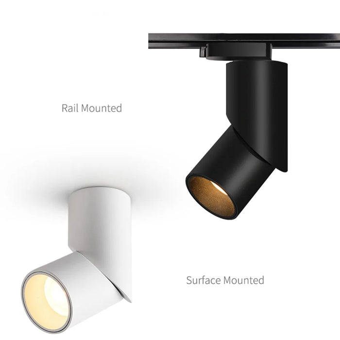 360 degree rotatable downlight in white rail-mounted and black surface-mounted options for efficient illumination.